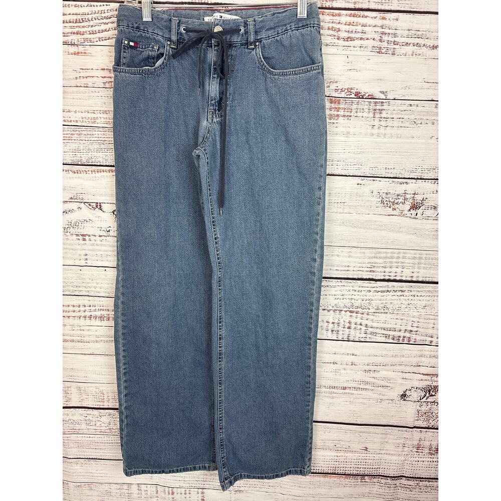 Vintage Tommy Hilfiger Baggy Jeans Y2K Drawstring Cargo Style Blue Denim Flag